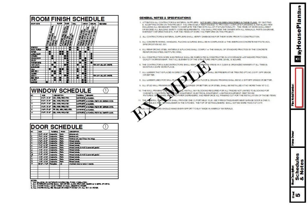 Example House Plan Schedules Sheet