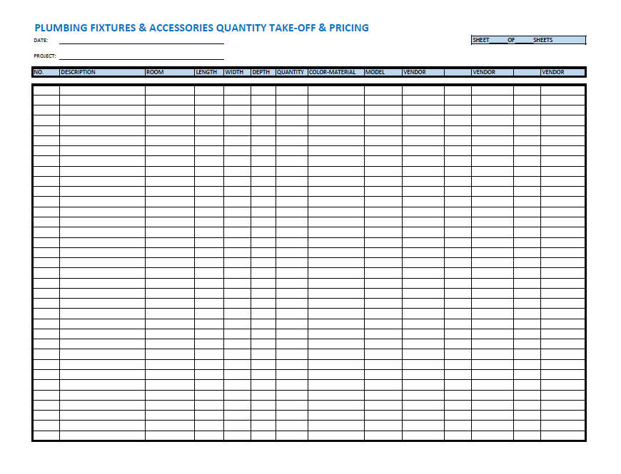 Plumbing Fixtures Listing & Pricing Sheet